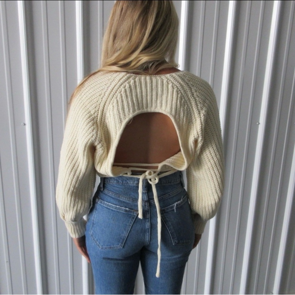 Open-Back Cream Knit Scoop-Neck Sweater